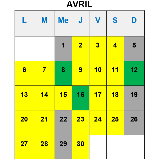 Horaires Avril